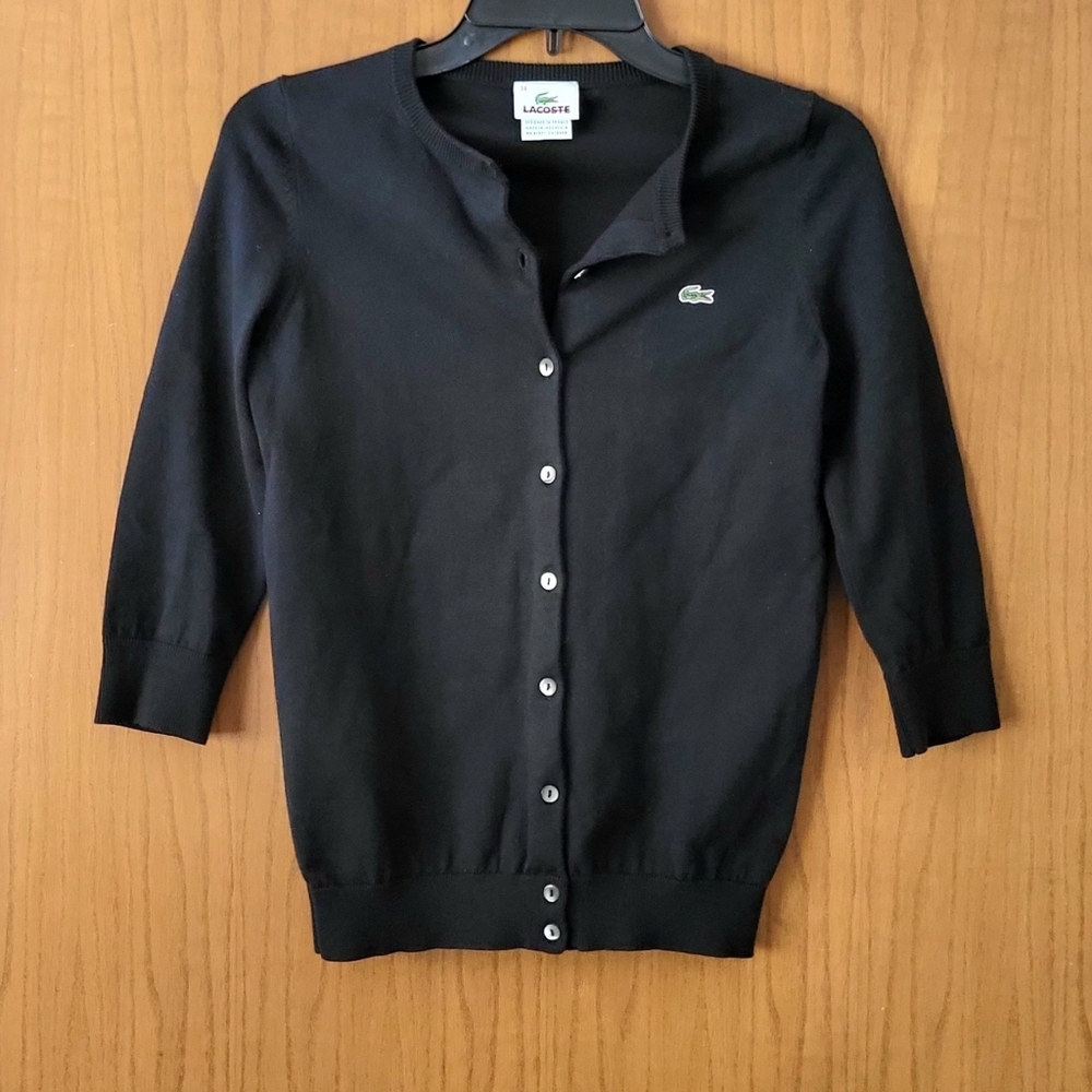 New Lacoste Black Button-Up Crewneck Cardigan Green Crocodile Logo 34, 2 (XS)